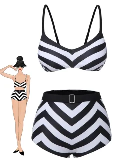 Clearance Retro Stage 1950s Striped Spaghetti Strap Swimsuit Black