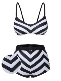 Clearance Retro Stage 1950s Striped Spaghetti Strap Swimsuit Black