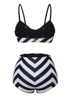 Clearance Retro Stage 1950s Striped Spaghetti Strap Swimsuit Black