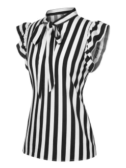 Clearance Retro Stage 1930s Striped Tie Collar Ruffle Sleeves Blouse Black