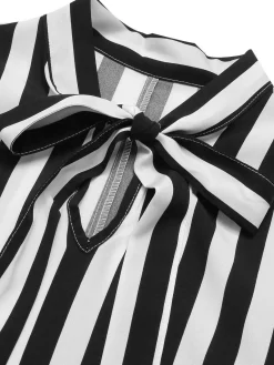 Clearance Retro Stage 1930s Striped Tie Collar Ruffle Sleeves Blouse Black