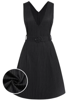 Hot Retro Stage 1960s Striped V-Neck Belted Dress Black