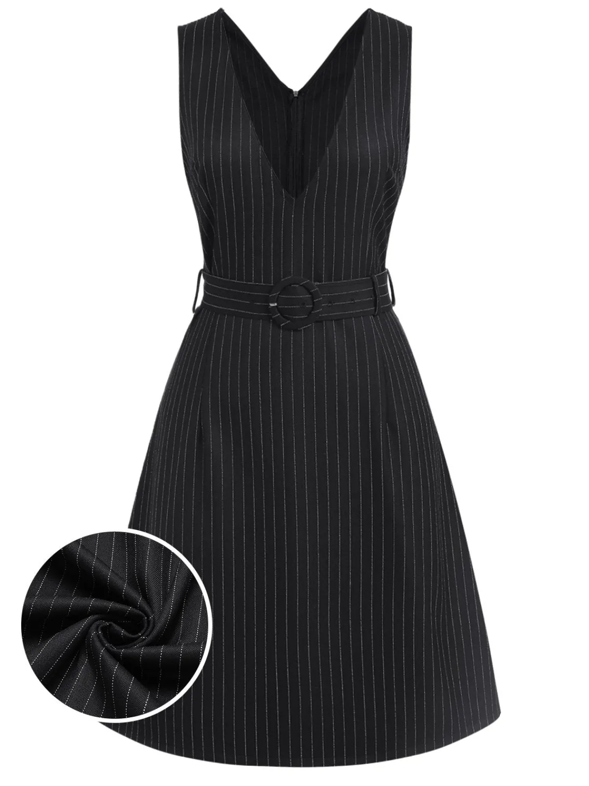 Hot Retro Stage 1960s Striped V-Neck Belted Dress Black