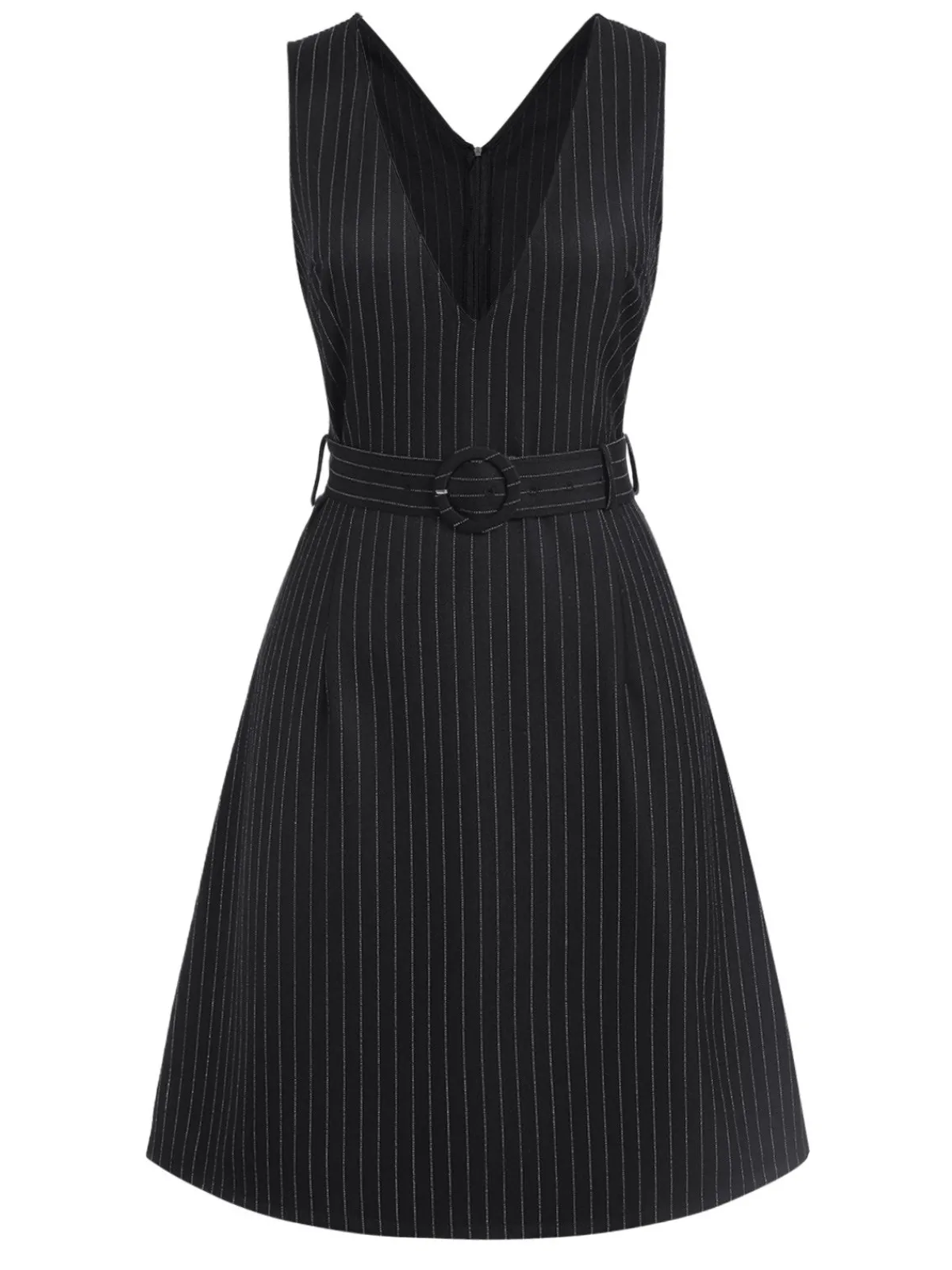 Hot Retro Stage 1960s Striped V-Neck Belted Dress Black