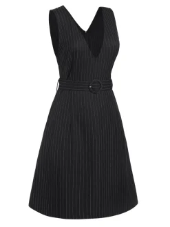 Hot Retro Stage 1960s Striped V-Neck Belted Dress Black