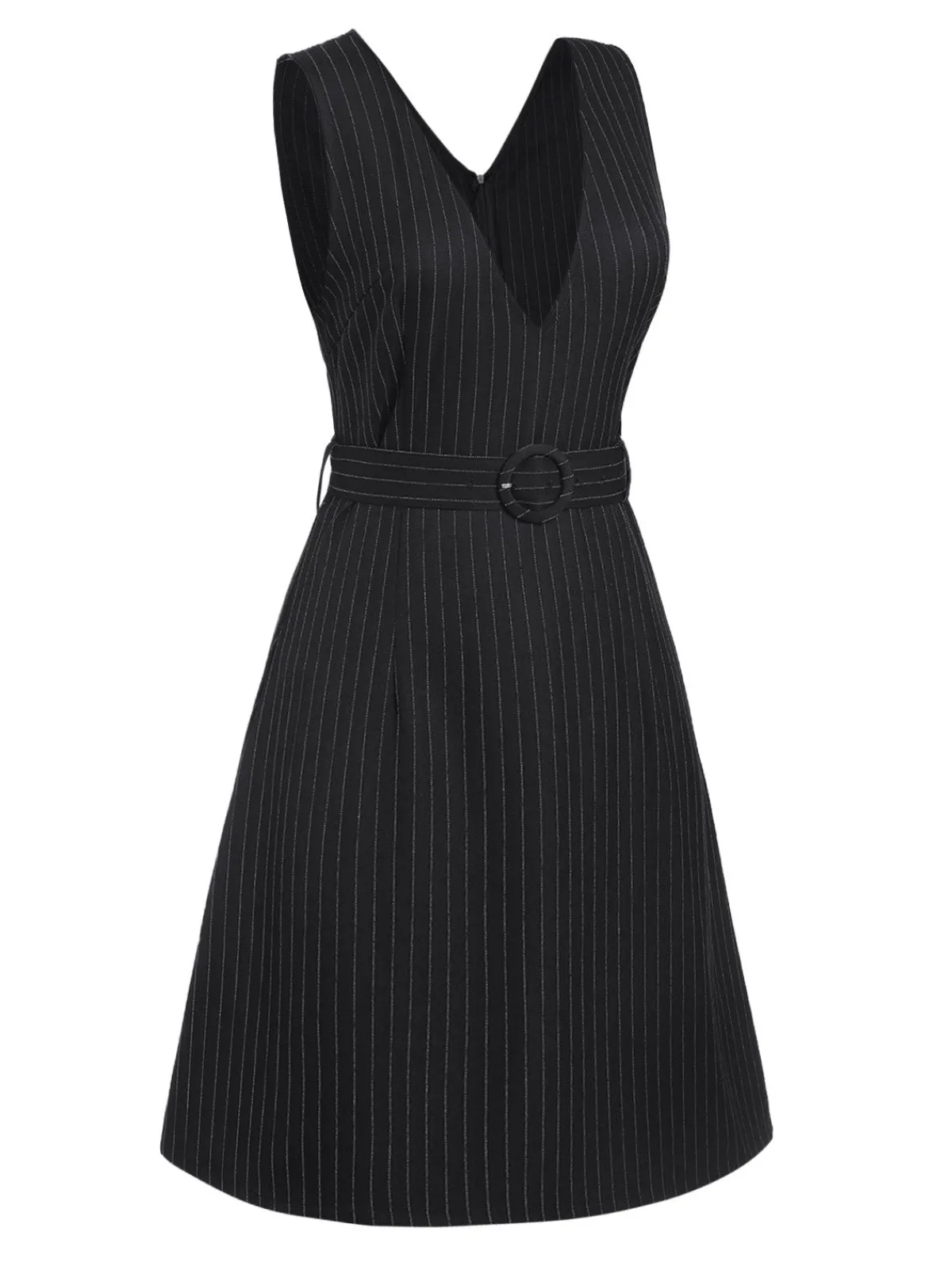 Hot Retro Stage 1960s Striped V-Neck Belted Dress Black