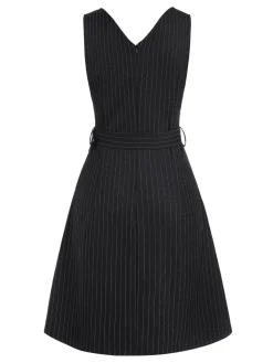 Hot Retro Stage 1960s Striped V-Neck Belted Dress Black