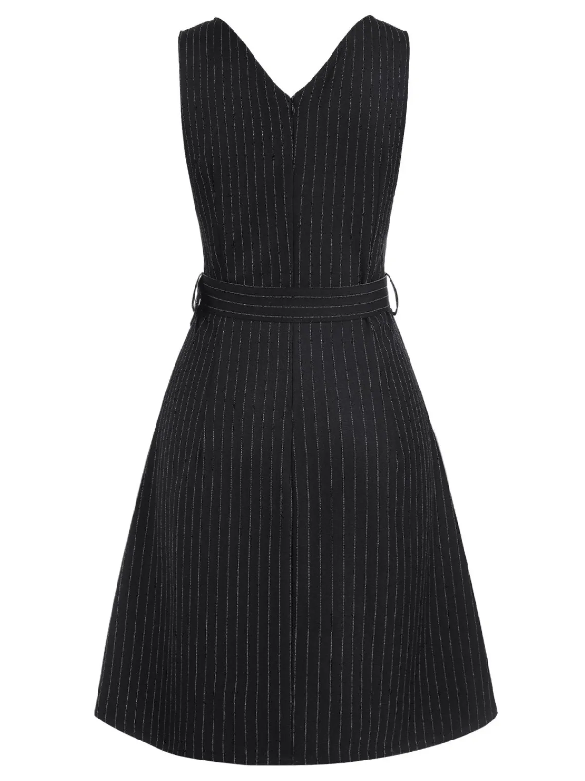 Hot Retro Stage 1960s Striped V-Neck Belted Dress Black