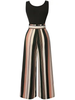 Best Retro Stage Black 1950s Stripes Knitted Belted Jumpsuit