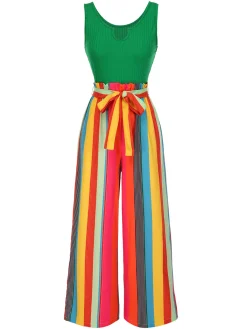 Best Retro Stage Black 1950s Stripes Knitted Belted Jumpsuit