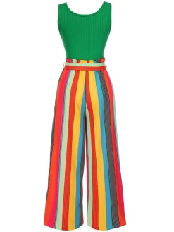 Best Retro Stage Black 1950s Stripes Knitted Belted Jumpsuit
