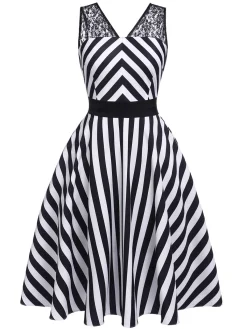 Clearance Retro Stage 1950s Stripes Lace Swing Dress Black