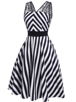 Clearance Retro Stage 1950s Stripes Lace Swing Dress Black