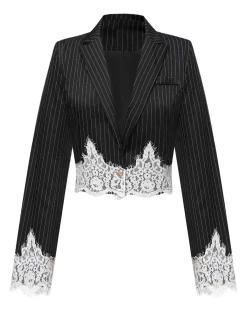 Discount Retro Stage 1950s Stripes Lace Trim Cropped Blazer Black