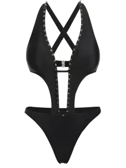 Fashion Retro Stage 1970s Studded Cutout One-Piece Swimsuit Black