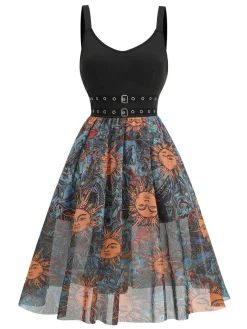 Online Retro Stage 1950s Sun Face Print Sleeveless A-line Dress Black