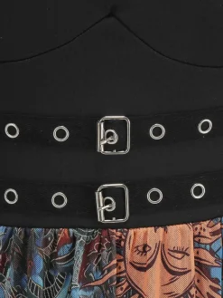 Online Retro Stage 1950s Sun Face Print Sleeveless A-line Dress Black