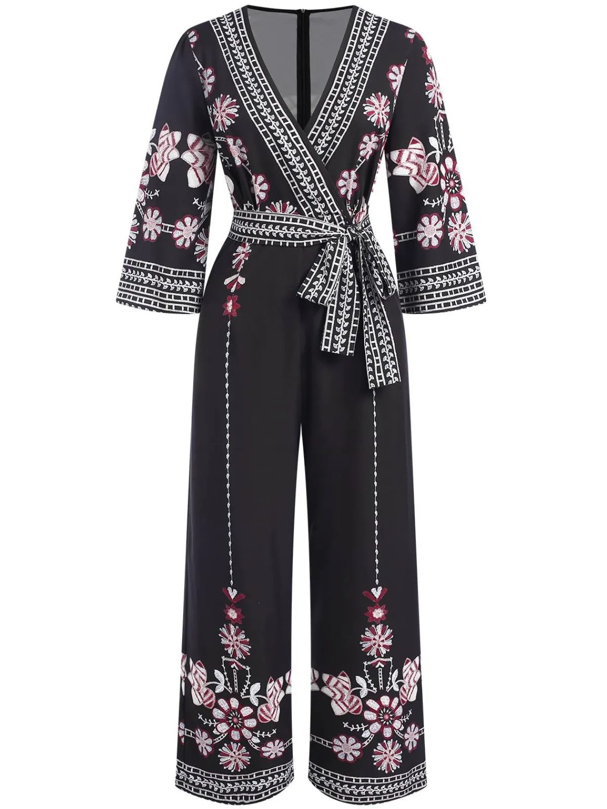 Discount Retro Stage 1970s Surplice V-Neck Floral Jumpsuit Black