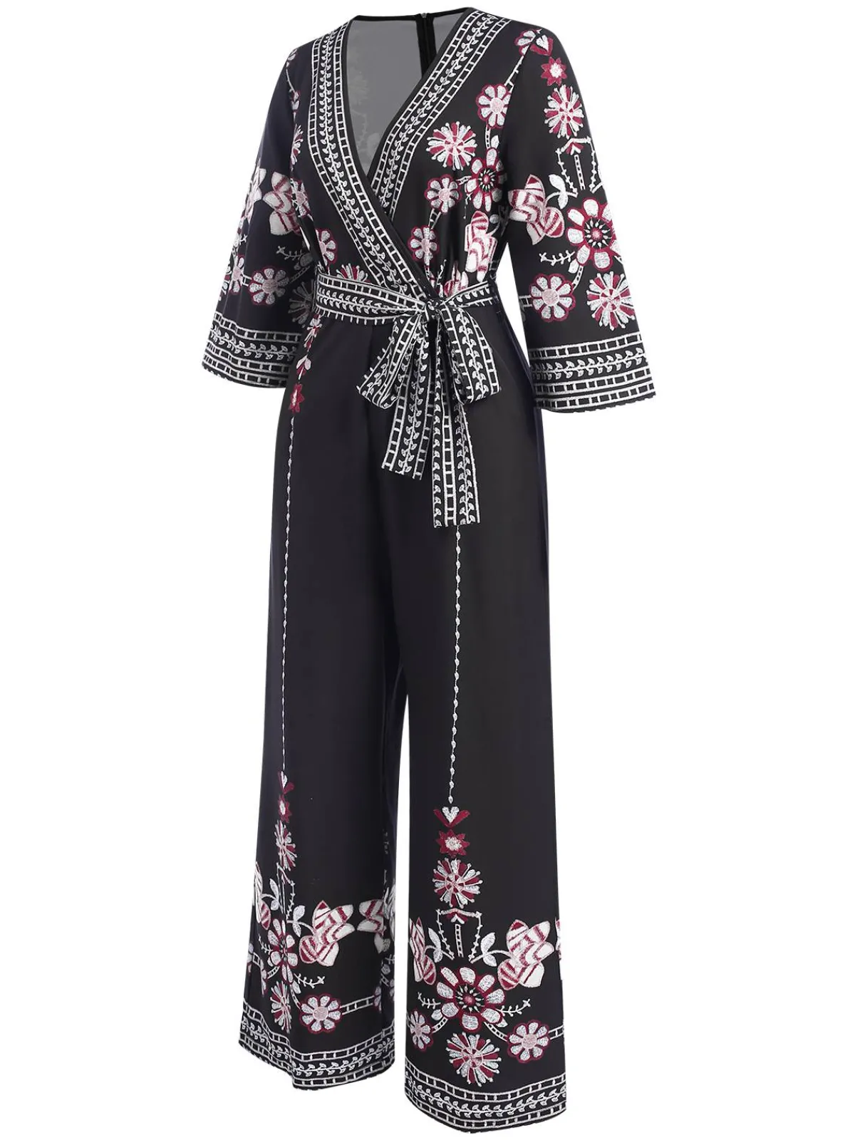 Discount Retro Stage 1970s Surplice V-Neck Floral Jumpsuit Black