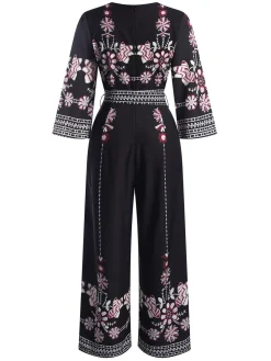 Discount Retro Stage 1970s Surplice V-Neck Floral Jumpsuit Black