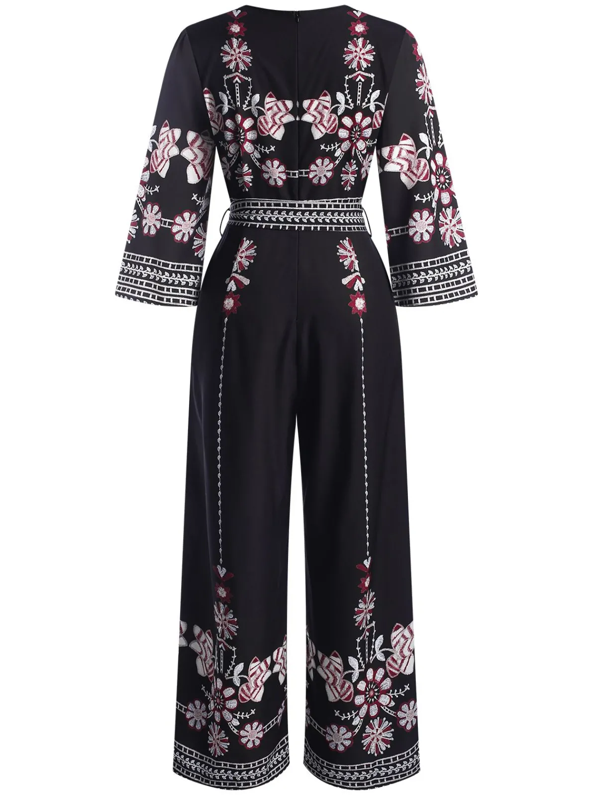 Discount Retro Stage 1970s Surplice V-Neck Floral Jumpsuit Black