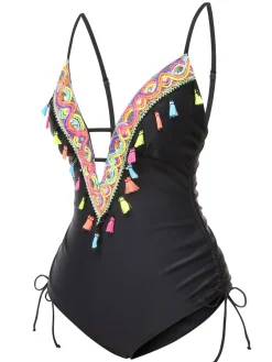 Clearance Retro Stage 1970s Tassel Embroidered Strappy Swimsuit Black