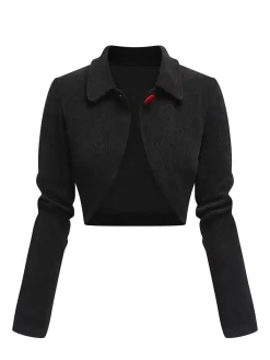 Discount Retro Stage 1950s Textured Knitted Crop Jacket Black