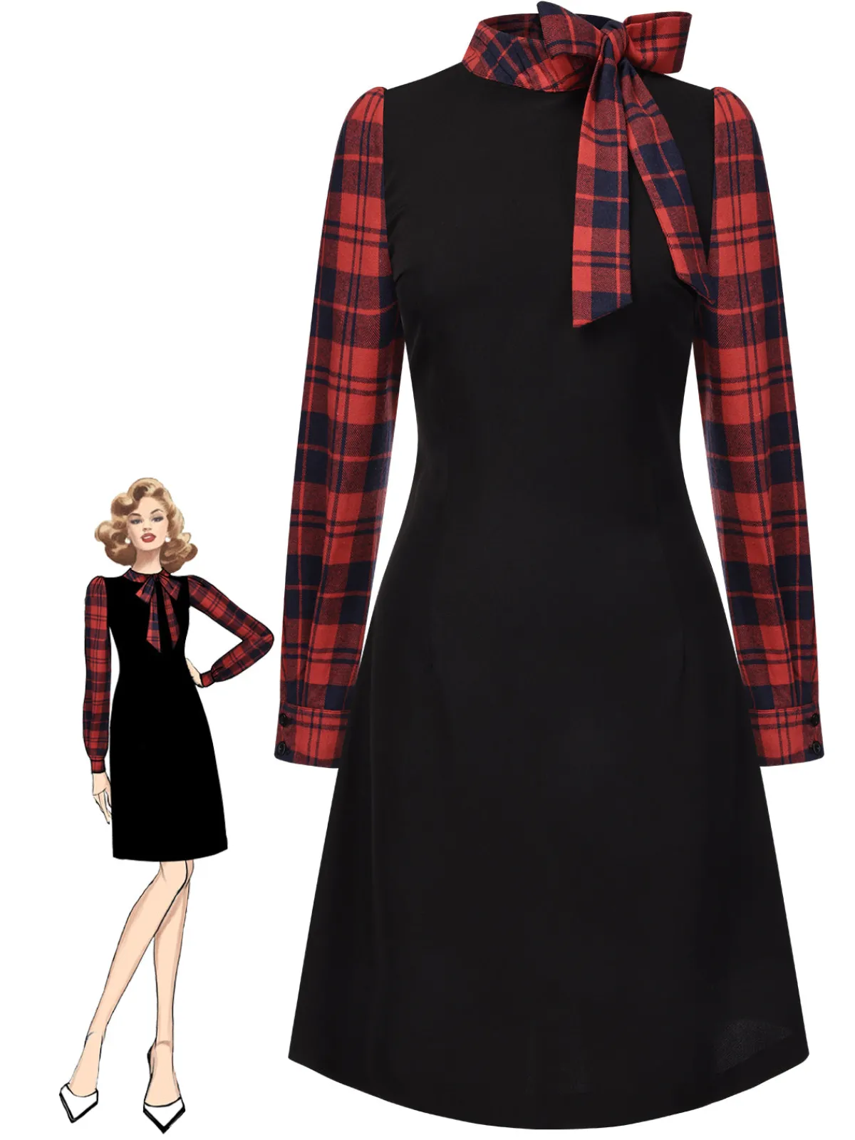 Hot Retro Stage 1960s Tie Neck Plaids Bow Dress Black