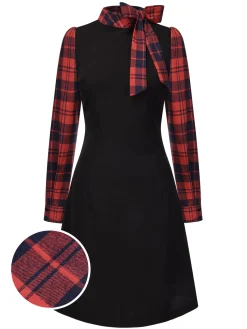Hot Retro Stage 1960s Tie Neck Plaids Bow Dress Black