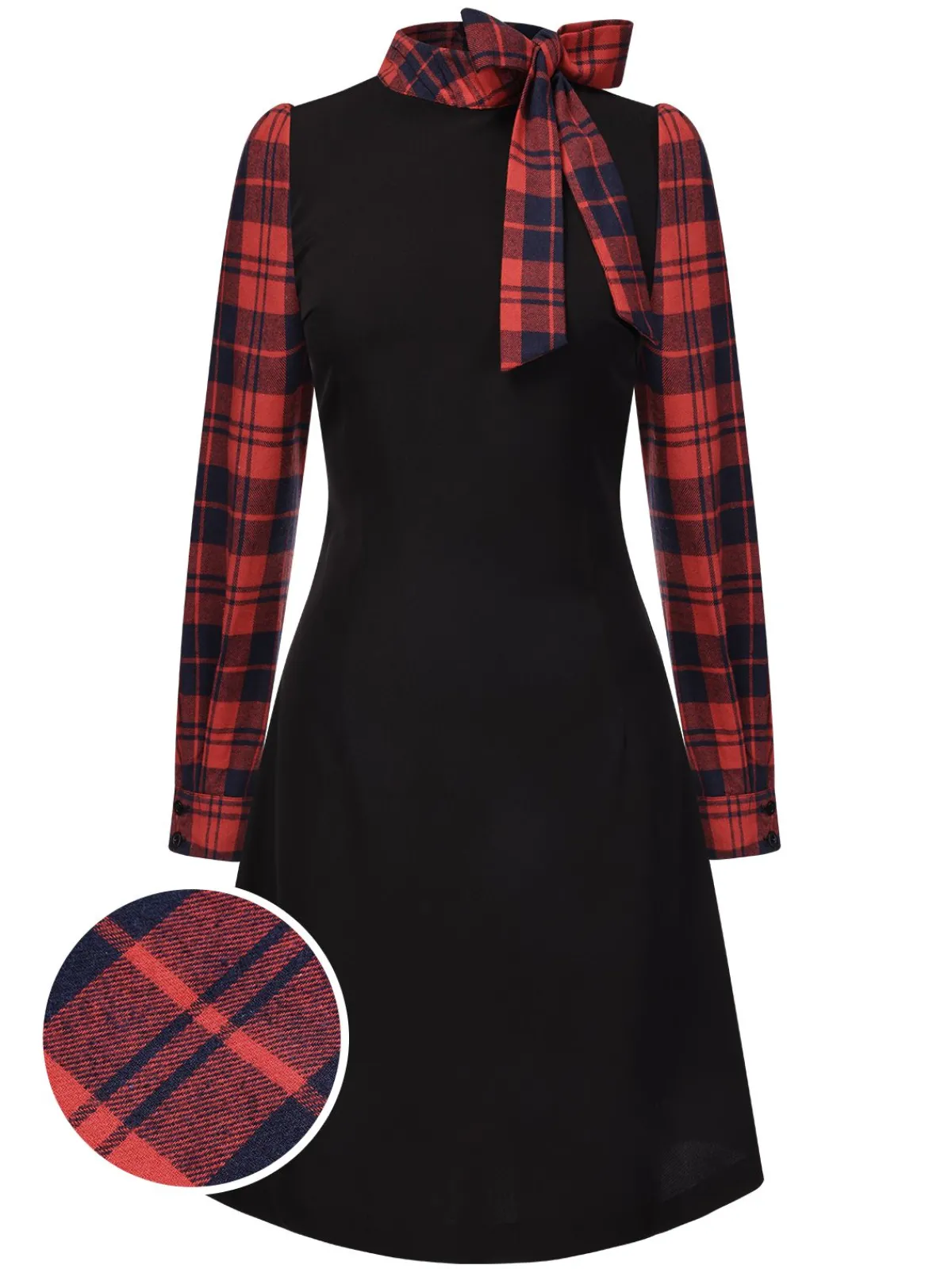 Hot Retro Stage 1960s Tie Neck Plaids Bow Dress Black