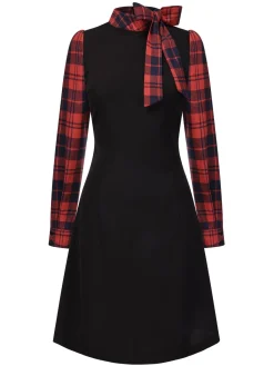 Hot Retro Stage 1960s Tie Neck Plaids Bow Dress Black