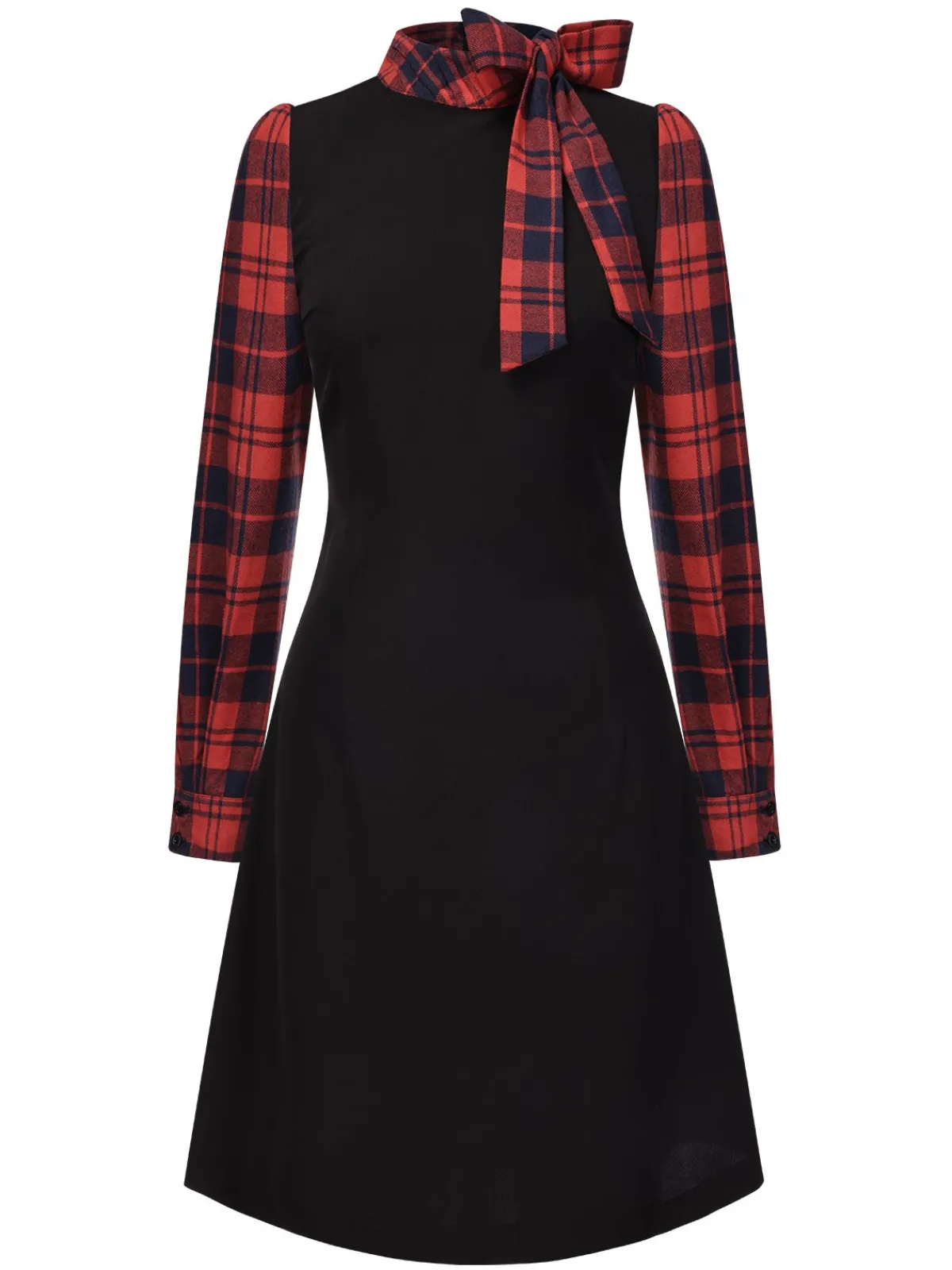 Hot Retro Stage 1960s Tie Neck Plaids Bow Dress Black