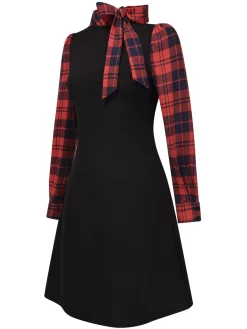 Hot Retro Stage 1960s Tie Neck Plaids Bow Dress Black