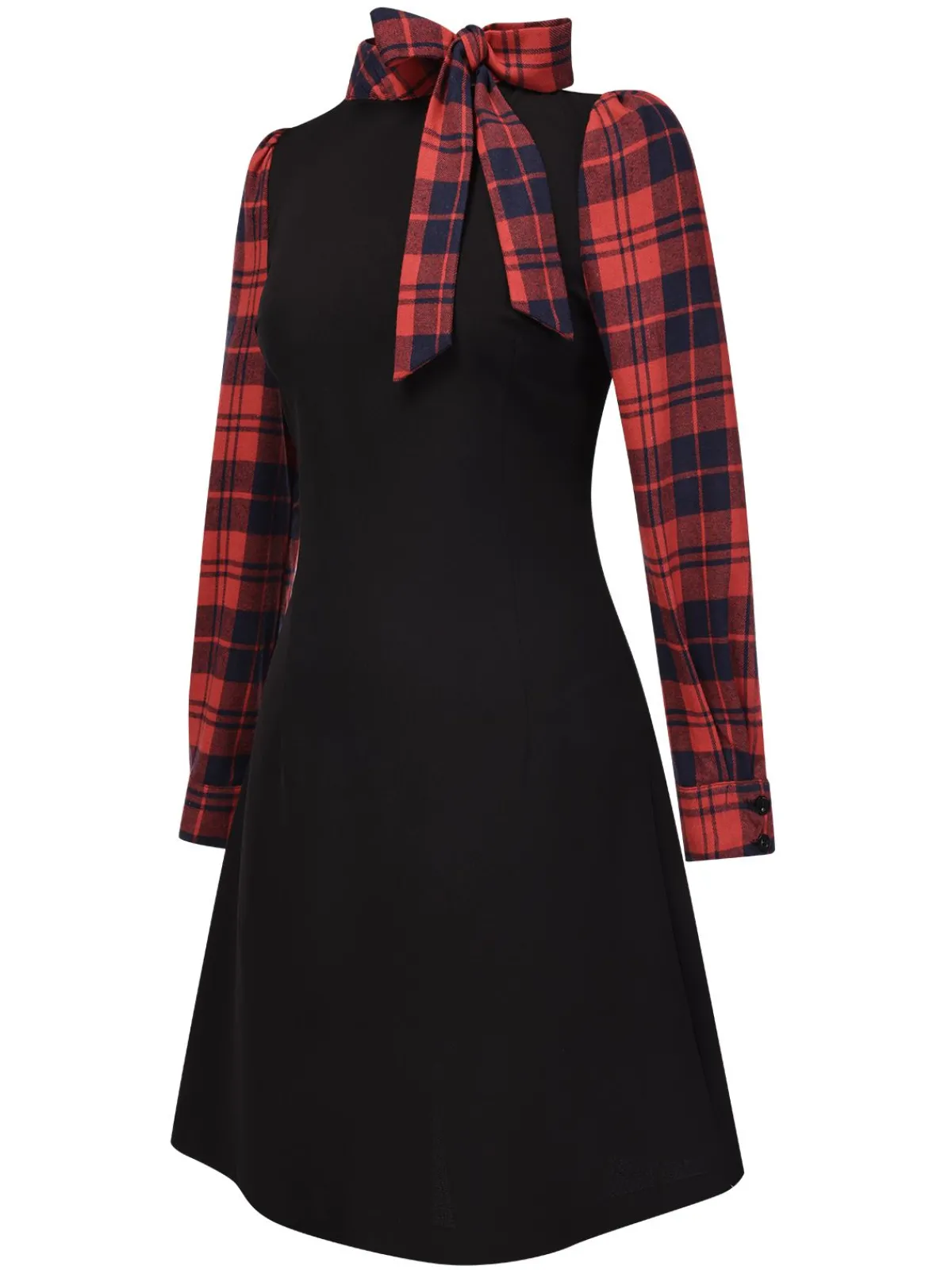 Hot Retro Stage 1960s Tie Neck Plaids Bow Dress Black