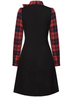 Hot Retro Stage 1960s Tie Neck Plaids Bow Dress Black