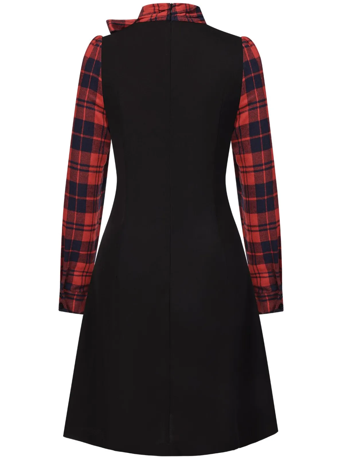Hot Retro Stage 1960s Tie Neck Plaids Bow Dress Black