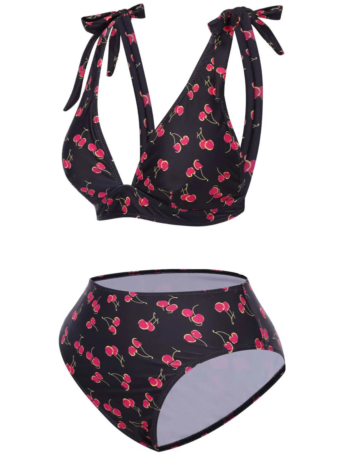 Outlet Retro Stage 1960s Tie Strap Cherry Swimsuit Black