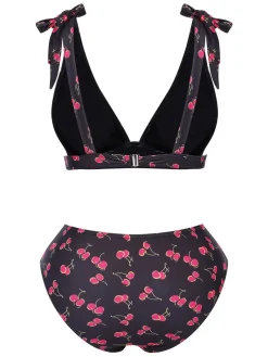 Outlet Retro Stage 1960s Tie Strap Cherry Swimsuit Black