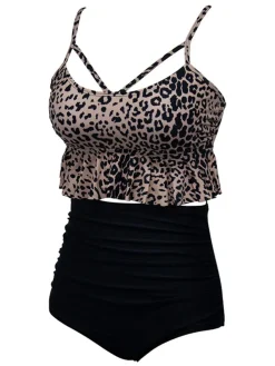 Hot Retro Stage Black 1970s Tummy Control Leopard Ruffled Tankini Set