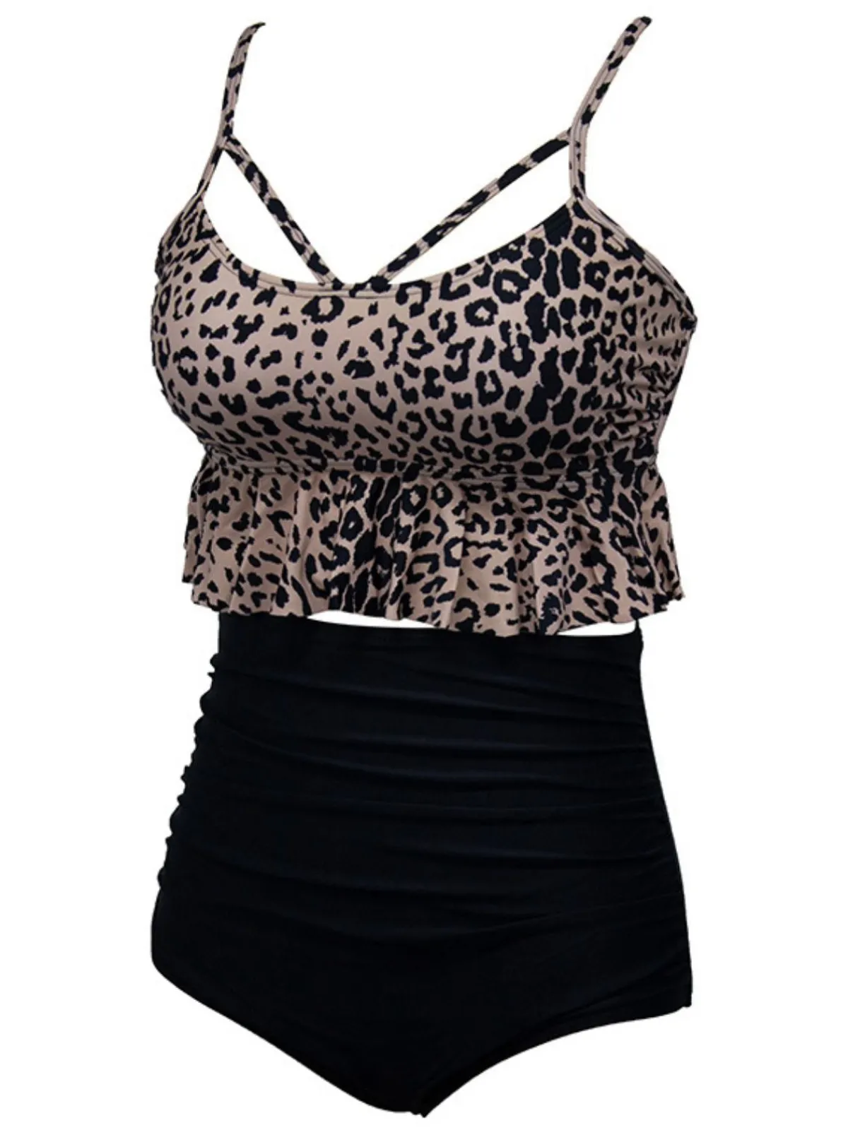 Hot Retro Stage Black 1970s Tummy Control Leopard Ruffled Tankini Set