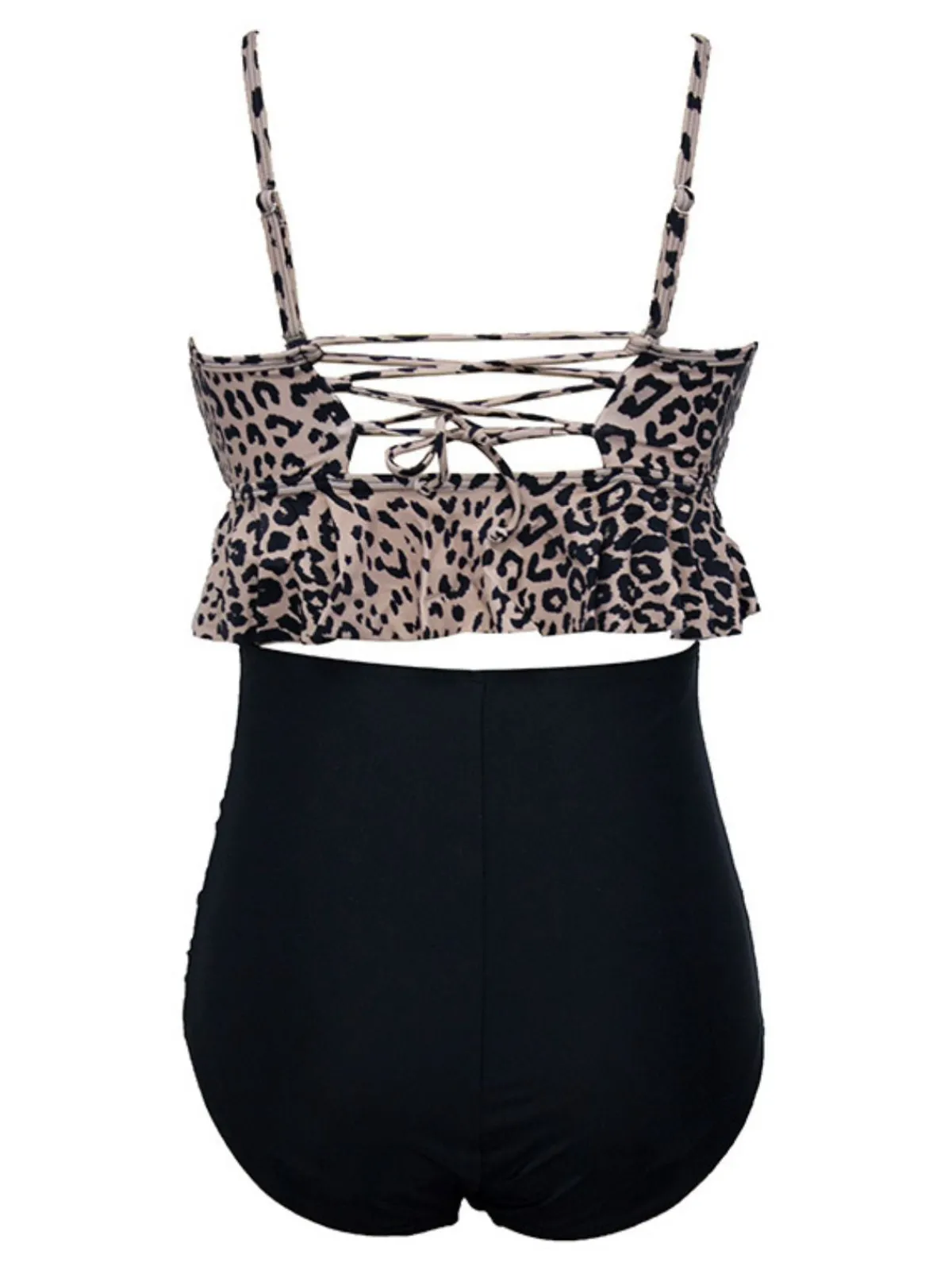 Hot Retro Stage Black 1970s Tummy Control Leopard Ruffled Tankini Set