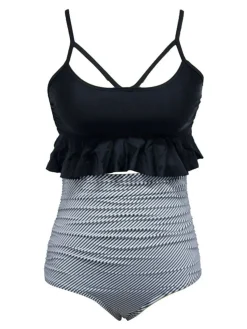 Hot Retro Stage Black 1970s Tummy Control Leopard Ruffled Tankini Set