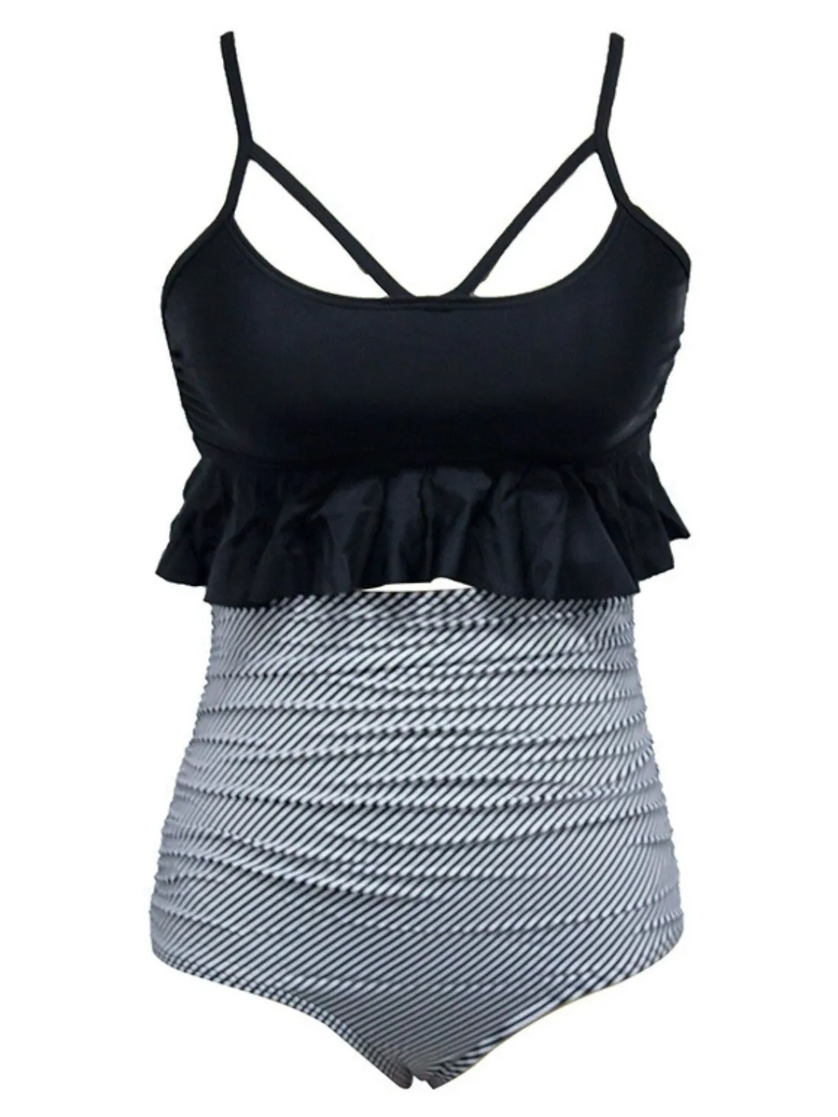 Hot Retro Stage Black 1970s Tummy Control Leopard Ruffled Tankini Set