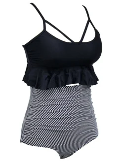 Hot Retro Stage Black 1970s Tummy Control Leopard Ruffled Tankini Set