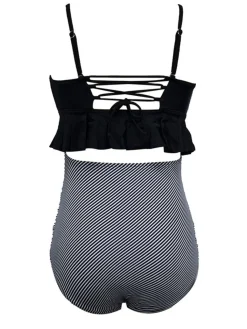 Hot Retro Stage Black 1970s Tummy Control Leopard Ruffled Tankini Set