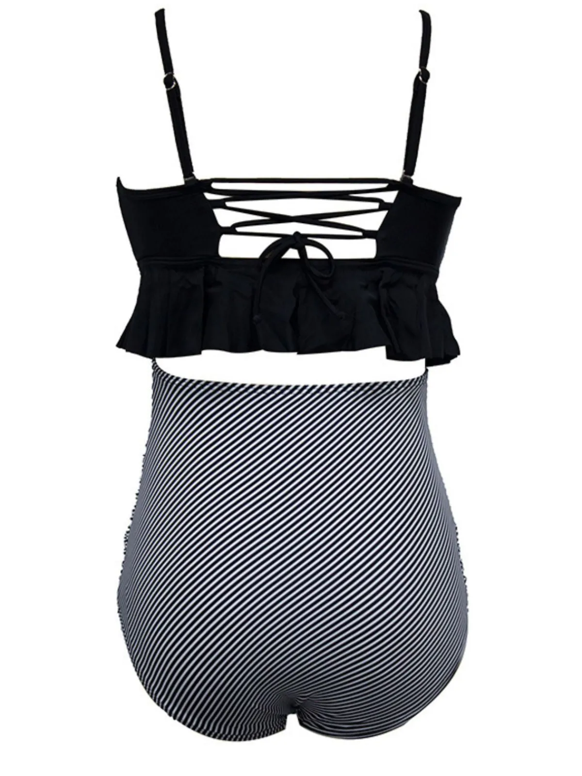 Hot Retro Stage Black 1970s Tummy Control Leopard Ruffled Tankini Set