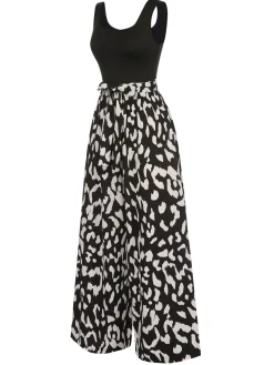 Best Retro Stage 1930s U-Neck Graphic Print Belted Jumpsuit Black