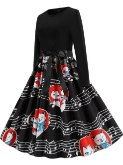Discount Retro Stage 1950s Valentine Cats & Music Note Patchwork Dress Black