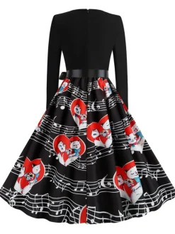 Discount Retro Stage 1950s Valentine Cats & Music Note Patchwork Dress Black