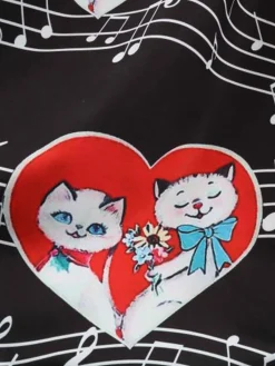 Discount Retro Stage 1950s Valentine Cats & Music Note Patchwork Dress Black